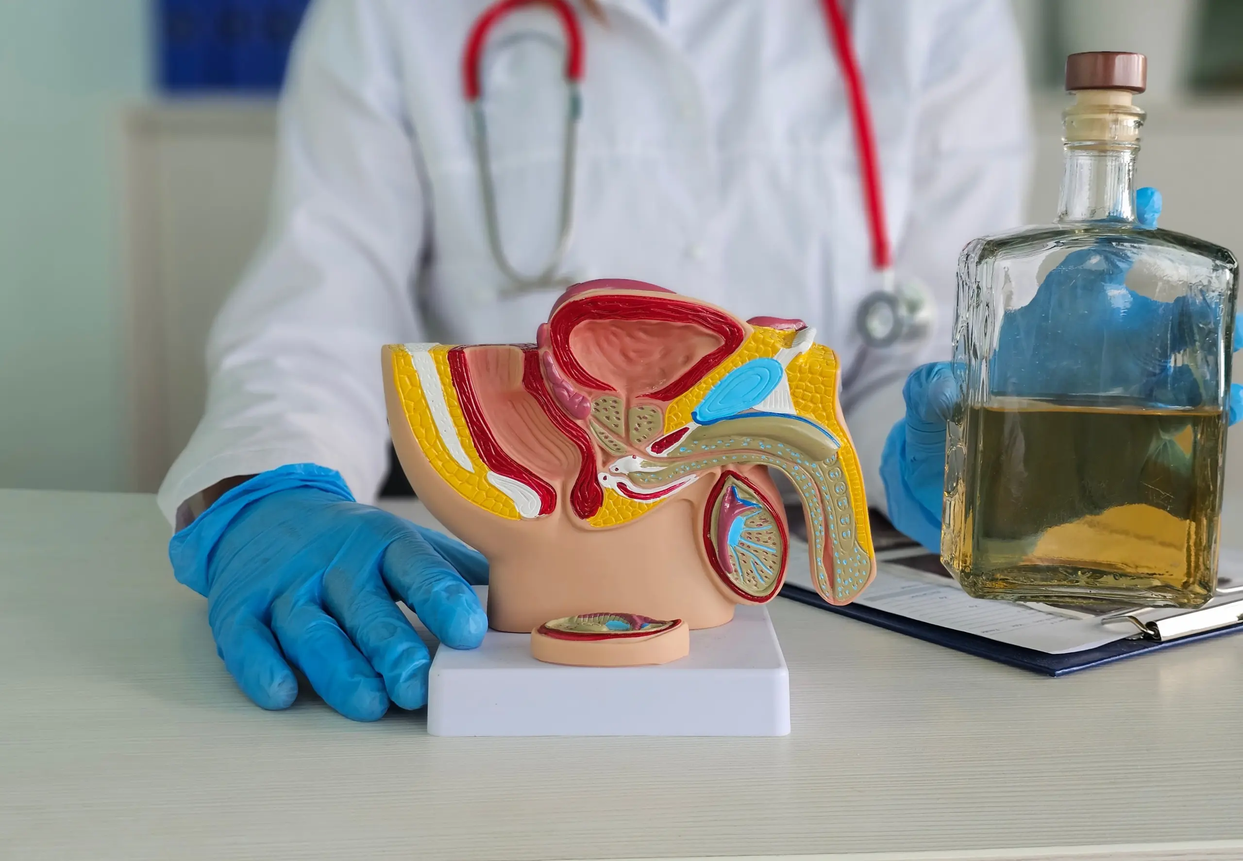 Urological anatomical model of the male reproductive system with a bottle of alcohol. Alcohol and potency does alcohol affect potency