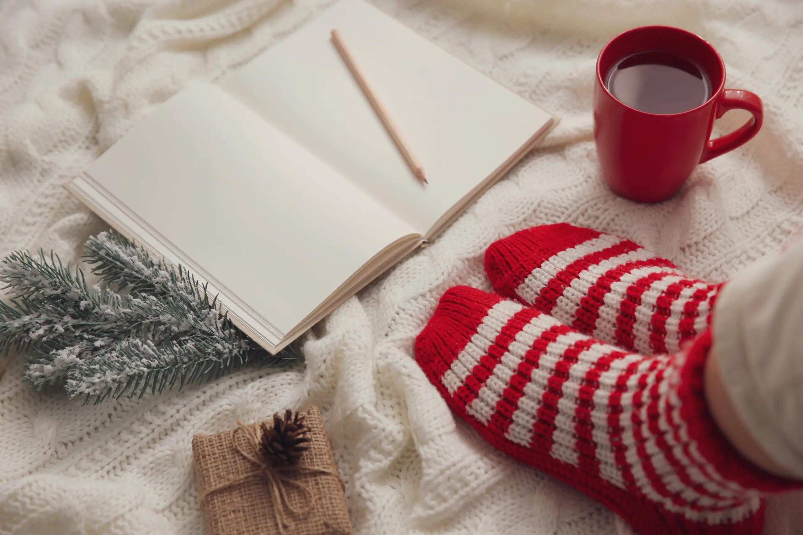 A warm, inviting living room decorated for the holidays, with a person enjoying a cup of tea and a notebook, symbolizing mindfulness and sobriety